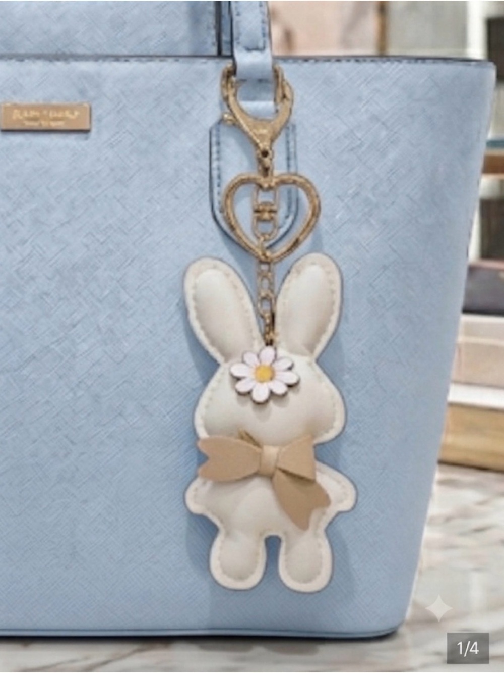 White Bunny Keychain with Tan Bow and Daisy Accent Keychain bag charm NEW - Picture 5 of 6